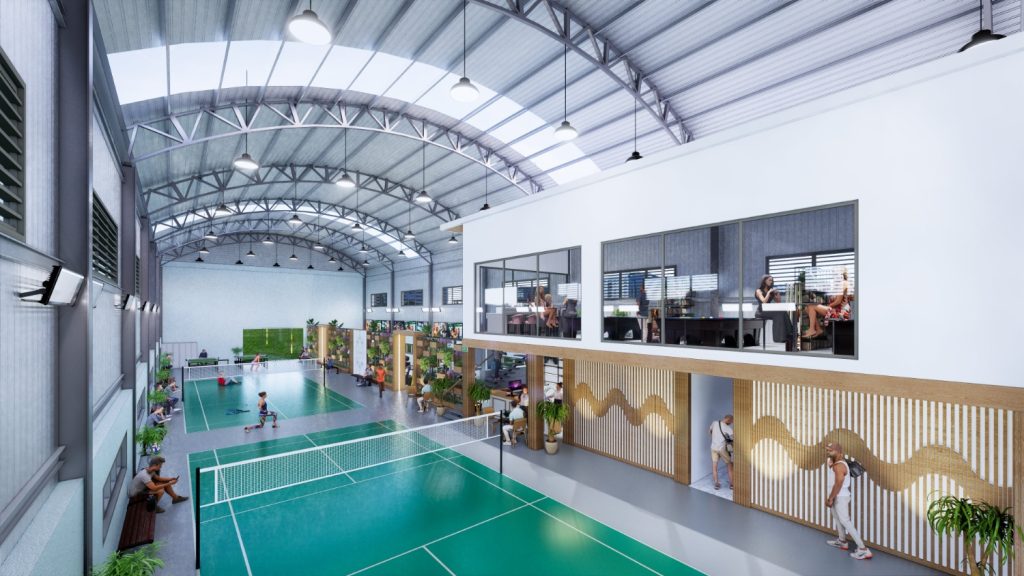 Mặt ngoài nhà thi đấu vào buổi hoàng hôn